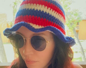 Crochet Striped Bucket Hat | American Flag Hat | Red, White, and Blue Hat