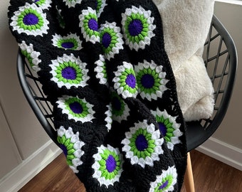 Beetlejuice Inspired Crochet Granny Square Throw Blanket | Halloween Decor