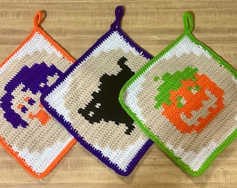 Halloween Cookie Crochet Potholder Pattern Pack | 3 Grid Graph Designs (PDF)