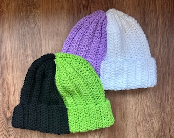 Crochet Split Color Hats | Color Block Beanie | Adult Size Winter Hat