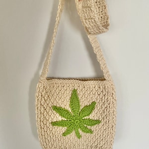 Crochet Marijuana Leaf Crossbody Bag | Beige and Green