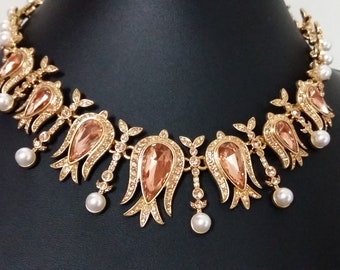 Oscar de la Renta-Collier incrusté de cristaux beiges et de perles simulées