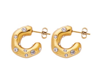 Boucles d'oreilles- Créoles en métal plaqué or avec des cristaux de qualité supérieure- Style vintage
