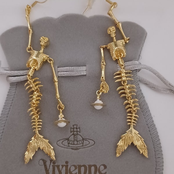 Vivienne Westwood-boucles d'oreilles- Squelette de sirène en métal plaqué or