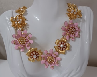 Oscar de la Renta-Gouden en roze geëmailleerde bloemenketting