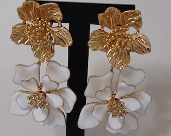 Oscar de la Renta-Boucles d'oreilles doubles fleurs émaillées en blanc