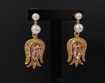 Oscar de la Renta- Boucles d'oreilles incrustées de cristaux beiges et de perles simulées