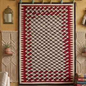 Puede incluir: Una alfombra con patrones geométricos con rombos rojos, negros y crema cuelga de una pared. La habitación cuenta con un sofá, cojines y objetos decorativos, creando una estética bohemia. La alfombra es el punto focal.