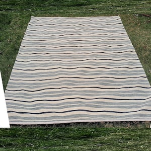 Modern Handwoven Blue White Striped Rug Wool Kilim Modern Rug for Living Room, Bedroom, Dining Room, Guest Room - Scandinavian Moroccan Rugs
