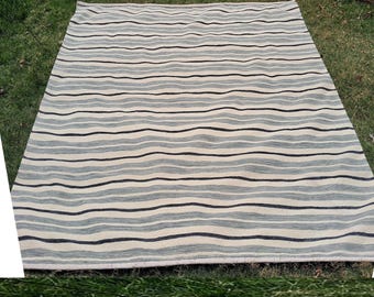 Modern Handwoven Blue White Striped Rug Wool Kilim Modern Rug for Living Room, Bedroom, Dining Room, Guest Room - Scandinavian Moroccan Rugs
