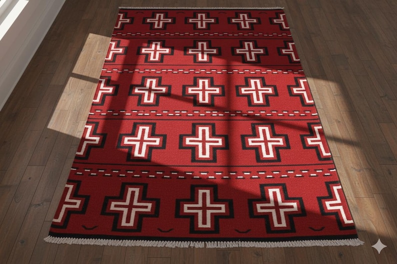 May include: A rectangular area rug featuring a vibrant red background with a repeating pattern of black and white crosses. The design includes horizontal rows of dashed lines between the crosses and a white fringed edge at the bottom end.