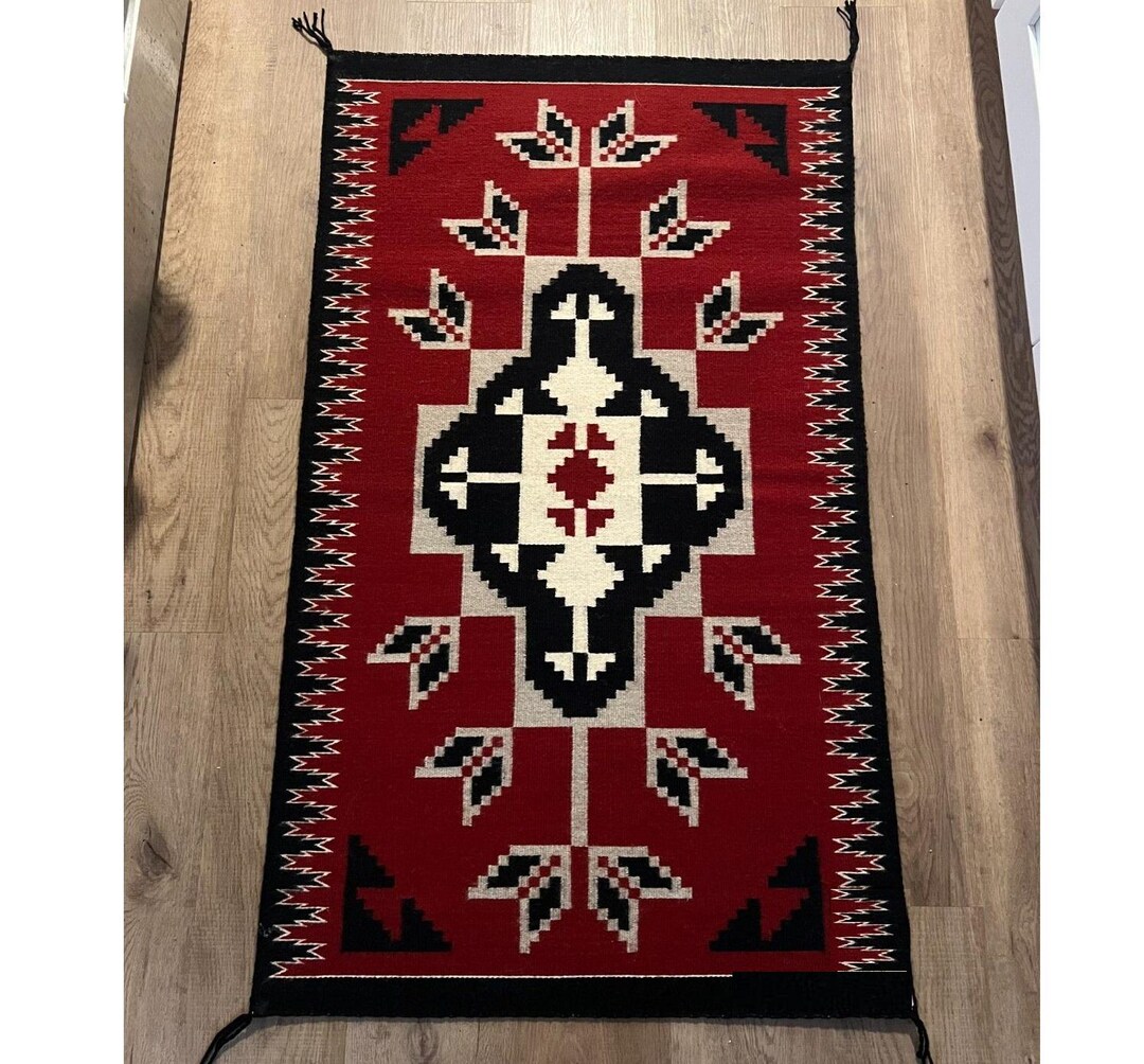 Wool Navajo Rug Zapotec Red Southwestern Runner Rug Kilim Rug Size 3x5 ...