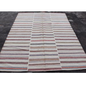 Soft Color Striped Kilim Rug 8'x10' Feet 240x300 cm Turkish Handmade Flatweave Rug Contemporary Wool Rugs Stripe Anatolian Large Wool Rug