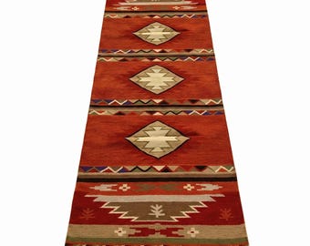 Handmade southwest red 2.6 ft wide x 7 ft long kilim wool runner rug