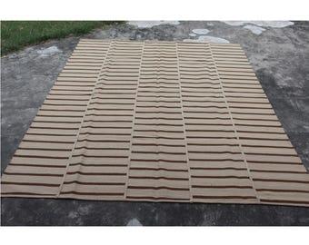 Striped Kilim Cozy Wool Flatweave Rug | Beige Brown Area rug | Stitched Plain Neutral Muted Color Rug | Custom size 6x9, 8x10, 9x12 rug