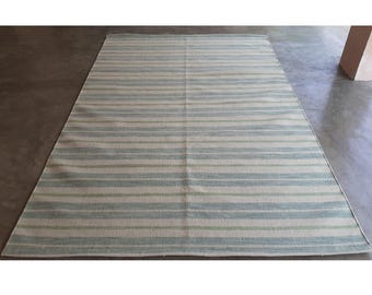 Kilim Striped White & Blue Eco Friendly Bohemian Rug, Handwoven Wool/Cotton Rugs, Living Room Rug, Outdoor Rug, 4x6, 6x9, 8x10 ft Rug
