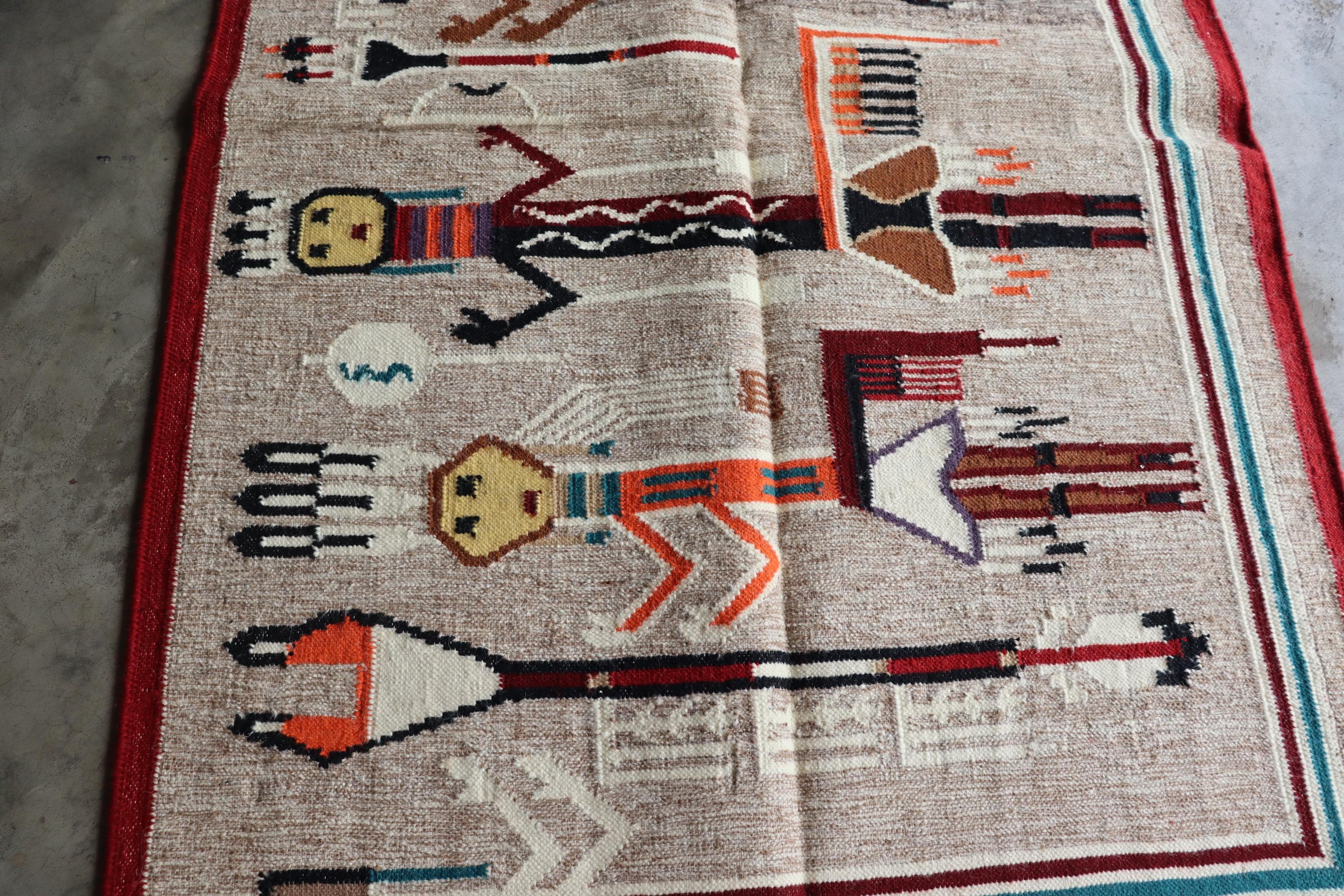Yei Rug Red Navajo Rug Multicolored Yei Rug Kilim Hand-woven Tribal Mexican Antique ...