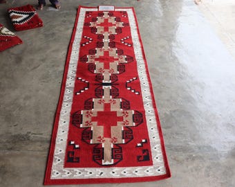 Red Navajo rug 3 x 10 ft, Navajo runner rug, hallway rug, corridor rug , entryway rug, 90 x 300 cm, kilim dhurrie flatweave rug 3x10 feet