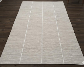 Striped Kilim Rug Cozy Wool Flatweave | Grey Stone Color Area rug | Vertically Stitched Braids Plain Neutral Dhurrie | 8x10, 9x12 ft
