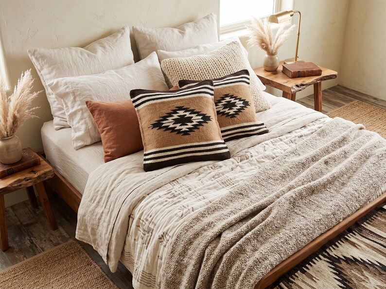 K&ouml;nnte beinhalten: Ein Bett mit neutralfarbener Bettw&auml;sche, darunter Kissen in Creme-, Rost- und Braunt&ouml;nen. Zwei Kissen weisen ein geometrisches Design auf. Das Bett ist mit einer strukturierten Decke und einem gewebten Teppich ausgestattet.