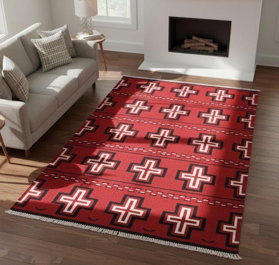 5x8 ft Navajo Cross Red Wool Kilim Rug, Handwoven Geometric Southwest Native American Tribal Flatweave Boho Indian Dhurrie Rug