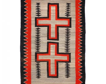 Navajo Cross Red Rug, Handwoven Southwest Tribal Style, Red & Black Kilim, Ethnic Boho, Indian Wool 5x8 ft