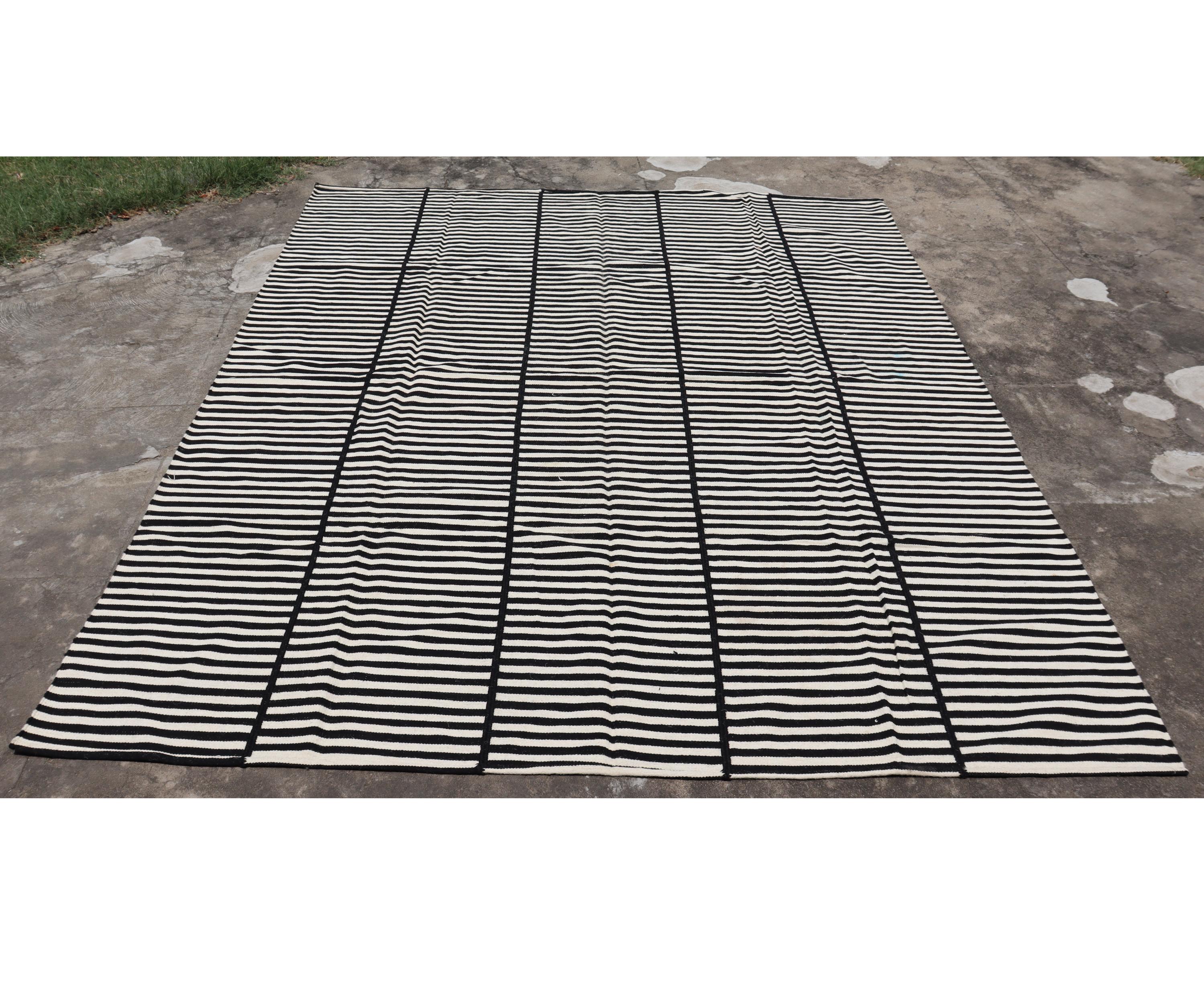 Striped Kilim Cozy Wool Flatweave Rug | Black and White Area rug | Stitched Plain Neutral Muted Color Rug | Custom size 6x9, 8x10, 9x12 rug