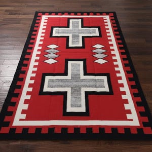 American Indian Blanket Red Navajo Navaho Wool Rug in Cross Pattern Sizes 5x7, 6x9, 8x10 ft Available, Aztec Red Mexican Wool Rug
