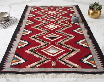 Alfombra Navajo Roja, Kilim de Lana del Sudoeste hecho a mano, Alfombra Tribal Geométrica, Decoración Rústica de Rancho del Oeste para el Hogar