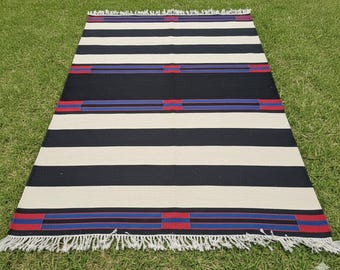 Navajo Chief's Blanket Rug Southwestern Rug Tribal Style Rug 100% Wool Hand Woven Transitional Area Rug, 5x7 ft Blue Red and Cream Kilim Rug
