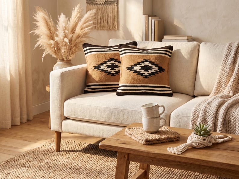 K&ouml;nnte beinhalten: Zwei dekorative Kissen mit einem geometrischen Muster in Schwarz, Beige und Wei&szlig; liegen auf einem cremefarbenen Sofa. Ein Holztisch hat gestapelte Tassen, einen gewebten Untersetzer und eine kleine Pflanze. Der Raum ist in neutralen T&ouml;nen gehalten.