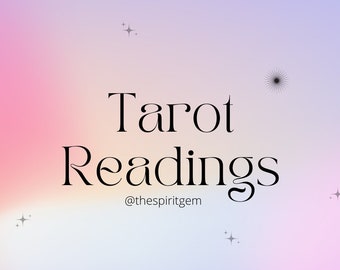 May include: A pastel pink and purple gradient background with a black outline of a crescent moon. The text "Tarot Readings" is in black font with the social media handle "@thespiritgem" below it.