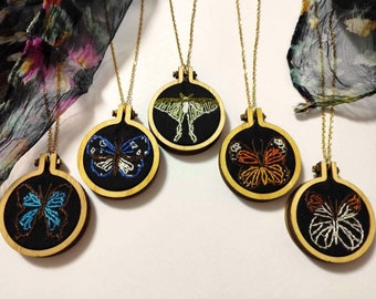 Pendants with butterflies and moth hand embroidered