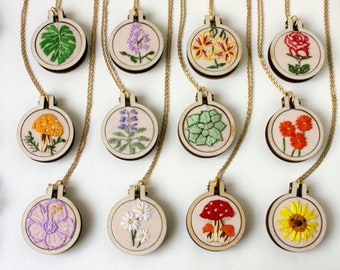 Flora pendants hand embroidered - flowers, leaves and mushrooms