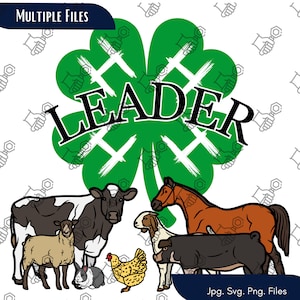 May include: A graphic featuring a green four-leaf clover with the word "LEADER" in black and white. Below the clover are illustrations of farm animals, including a cow, horse, sheep, rabbit, chicken, goat, and pig.