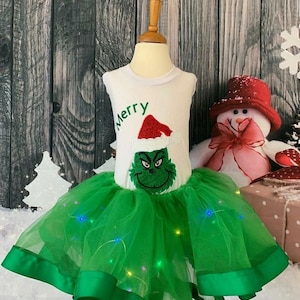 Christmas Grinch Outfit, Grinch Outfit, Grinchmas Outfit, Christmas Outfit, Custom Made Outfit, Glitter Outfit, Tutu With Lights, Embroidery