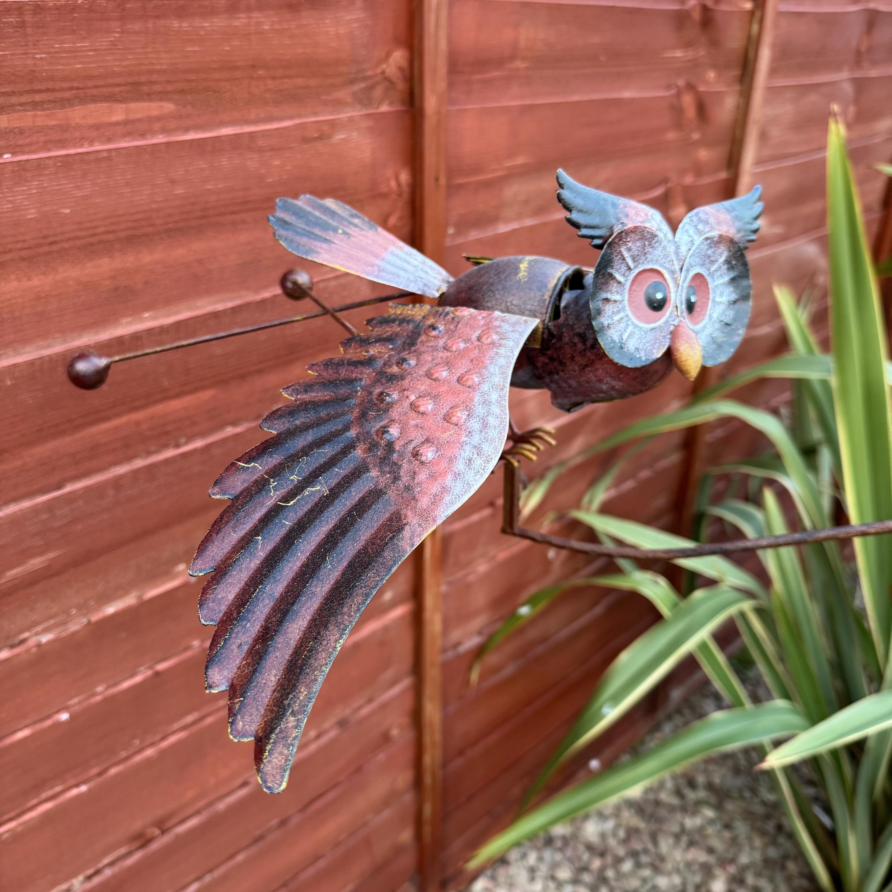 Quirky Owl With Flapping Wings Bird Wind Spinner Garden Stake