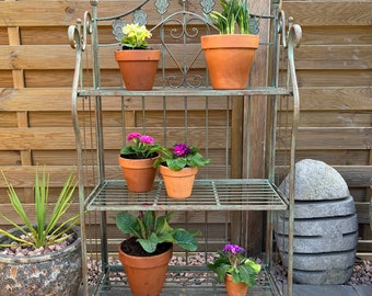 Verdigris (Reddish Green) Folding 3 Tier Metal Garden Shelves / Plant Stand For The Garden or Indoors