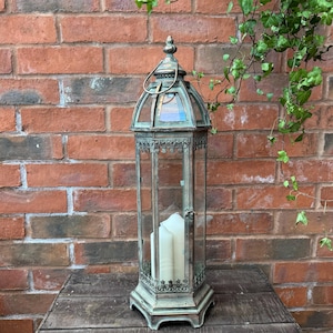 Large Rose Gold / Green Copper Metal and Glass Candle Lantern Hexagonal Filigree Patern Lantern