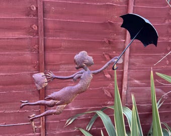 Quirky Women With Black Umbrella and Handbag Wind Spinner Garden Stake Decoration Poppins