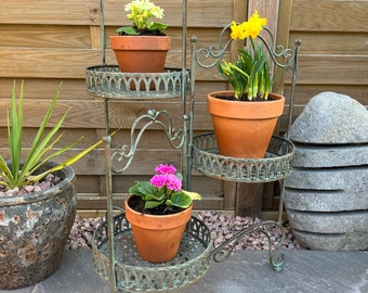 Beautiful 3 Tier Round Verdigris (Reddish Green) Folding Metal Plant Stand