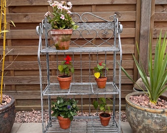 Grey Folding 3 Tier Decorative Metal Garden Shelves / Plant Stand For Outdoors or Indoors / Plant Shelf