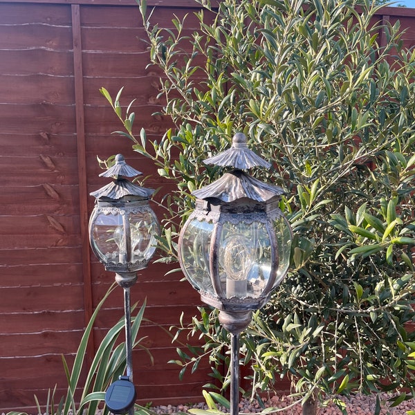 Set of 2 beautiful Grey Metal and Glass Garden Solar Stake Lanterns