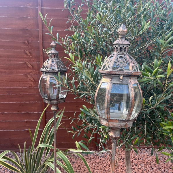 Set of 2 beautiful Rose Gold Metal Garden and Glass Candle Stake Lanterns / Stick Lantern