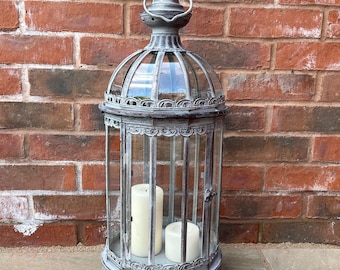 Beautiful Large Round Grey Vintage / Antique Style Circular Glass Candle Floor / Tabletop Lantern Suitable For Indoor and Outdoor Use