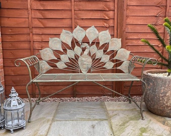 Quirky Verdigris (Reddish Green) Peacock Design Metal Garden Double Seater Bench Indoor / Outdoor Bench