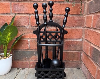 Black Cast Iron Basket and Metal Fireside Companion Set / Tidy Hearth Set