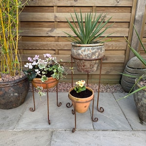 Set of 3 Metal Brown Raised / Elevated Plant / Stands Pot Stand