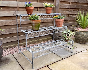 3 Tier Stepped Large Metal Grey Decorative Plant Stand
