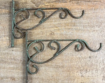 Pair of Decorative Rustic Verdigris (Reddish Green) Metal Hanging Basket Brackets / Hanging Basket Bracket